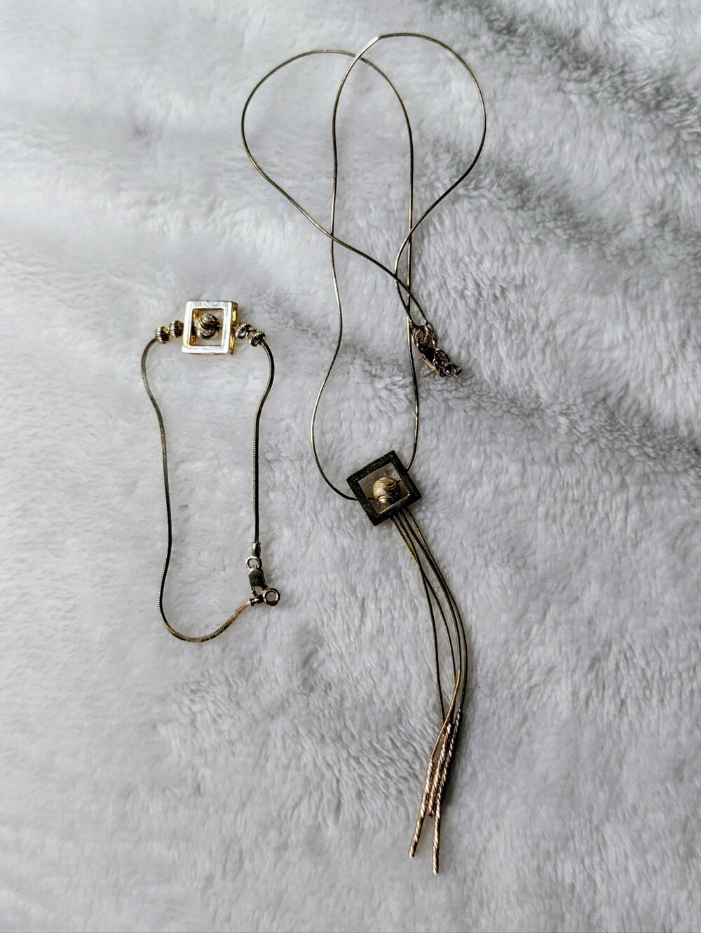 Silver Square Pendant Necklace and Bracelet Set